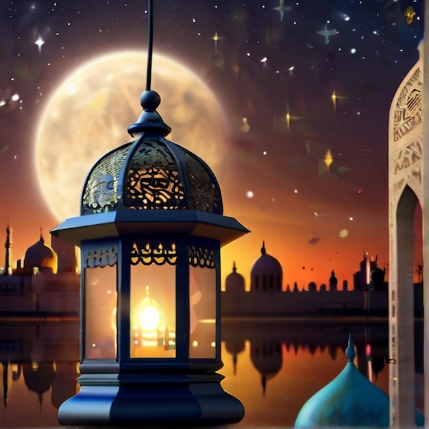 Eid al fitr linterna 3D y mezquita con luna 3D con la noche hermoso Eid Mubarak fondo