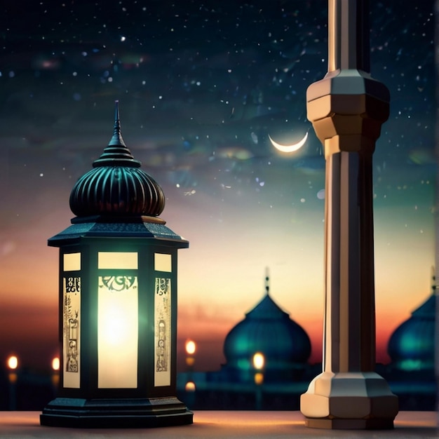 Eid al fitr linterna 3D y mezquita con luna 3D con la noche hermoso Eid Mubarak fondo