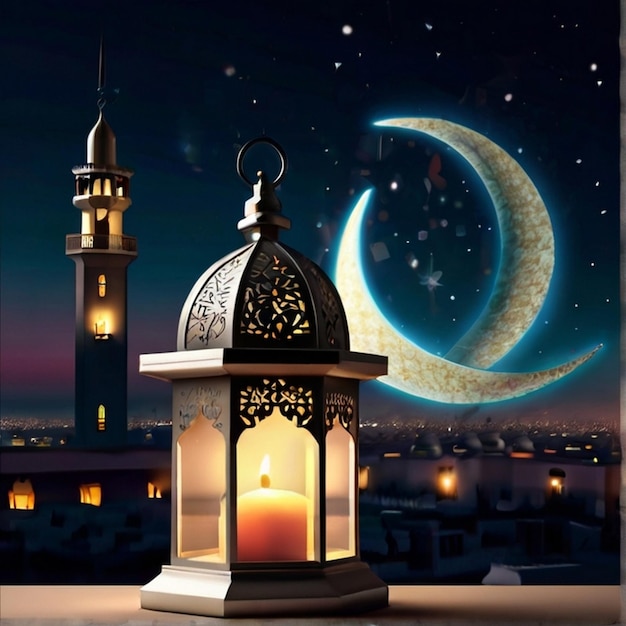 Eid al fitr linterna 3D y mezquita con luna 3D con la noche hermoso Eid Mubarak fondo