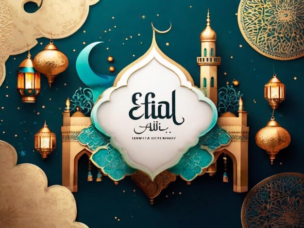 Eid Al Fitr mubarak Cartel de felicitaciones de cartel horizontal para el sitio web