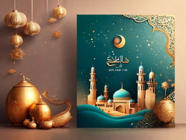 Eid Al Fitr mubarak Cartel de felicitaciones de cartel horizontal para el sitio web