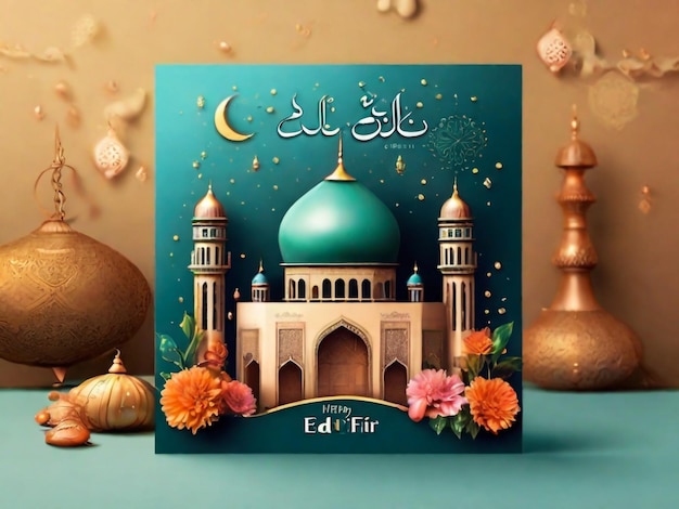 Eid Al Fitr mubarak Cartel de felicitaciones de cartel horizontal para el sitio web