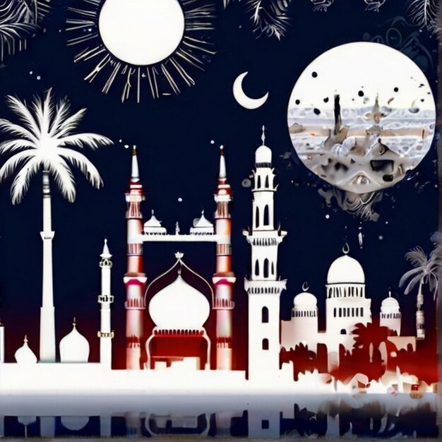 Eid al fitr Pintura de tinta requintada em mosqur islâmico e fundo de papel branco puro da lua