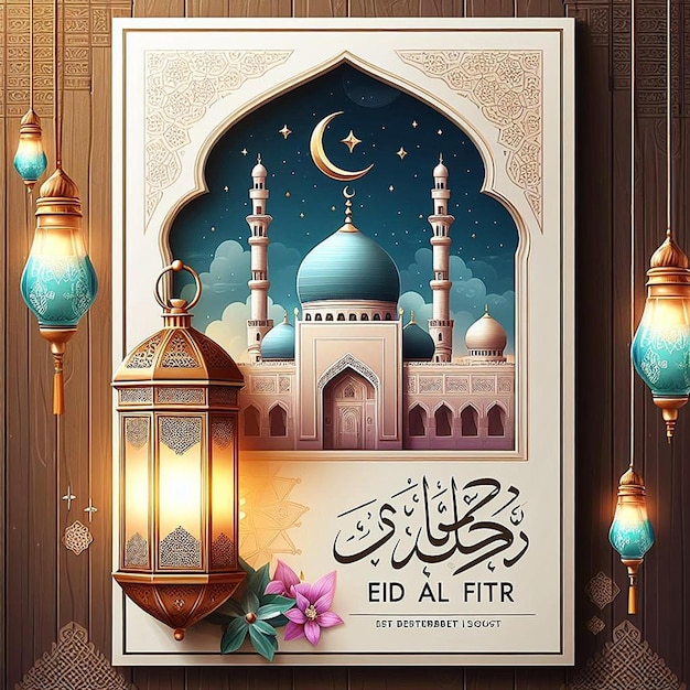 Eid al fitr Poster Vorlage mit Laterne und Moschee Fenster Hintergrund islamische Grußkarten