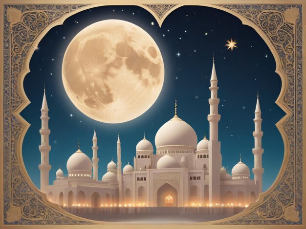 Eid al-Fitr- und Ramadan-Grüßkarte Schönheit des Islam mit einer von KI generierten Moschee-Silhouette