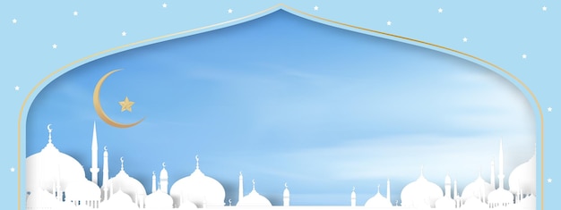 Eid alAdha banner Ventana de la mezquita con Crescent moonstar sobre fondo de cielo azulIlustración vectorial corte de papel Religiones islámicasTelón de fondo para la religión islámicaEid MubarakEid al fitrRamadan Kareem