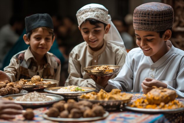 Eid alAdha Jovens meninos felizmente compartilhando comida em uma mesa desfrutando da culinária e sorrindo