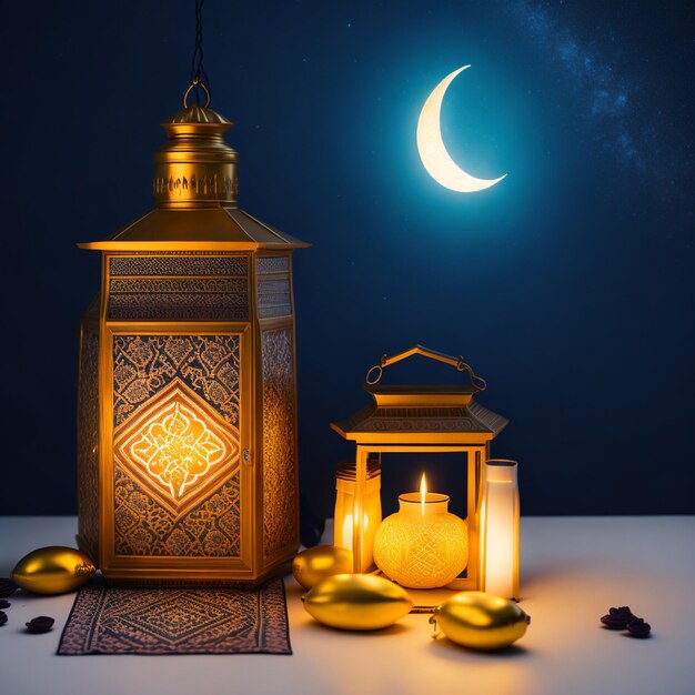 Eid alAdha königliche marokkanische Lampe goldenes 3D-Hintergrundfoto AI generiert