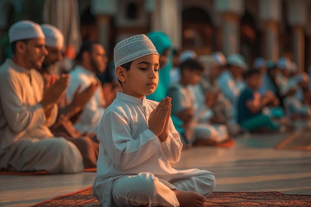 Eid alAdha Un niño se arrodilla frente a la gente que reza en una mezquita