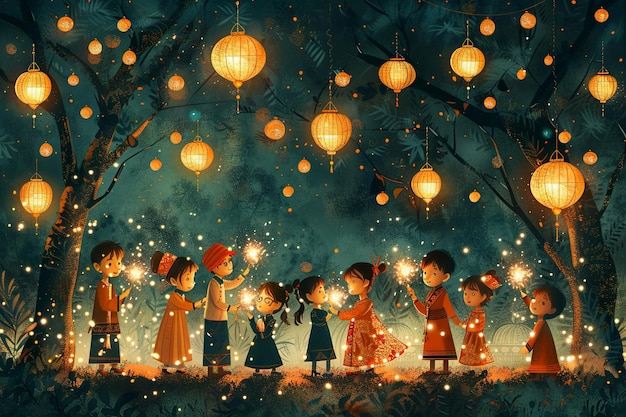 Eid alAdha Niños y árboles iluminados por linternas