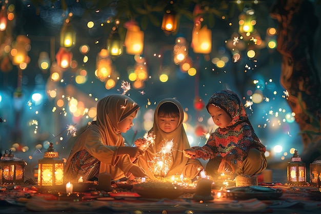 Eid alAdha Niños y árboles iluminados por linternas