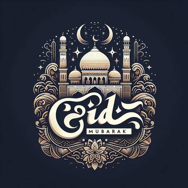 Foto eid alfitr eid mubarak letras com uma bela mesquita