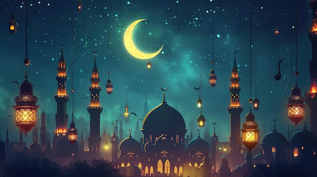 Eid alfitr Hosni Mubarak mesquita e fundo de lanterna à noiteAI gerado