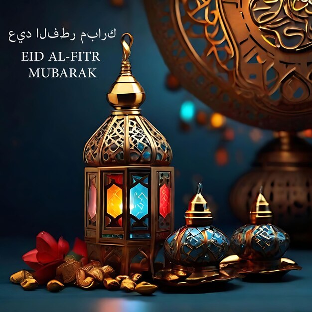 Foto eid alfitr mubarak con un fondo de linterna generativa de ia