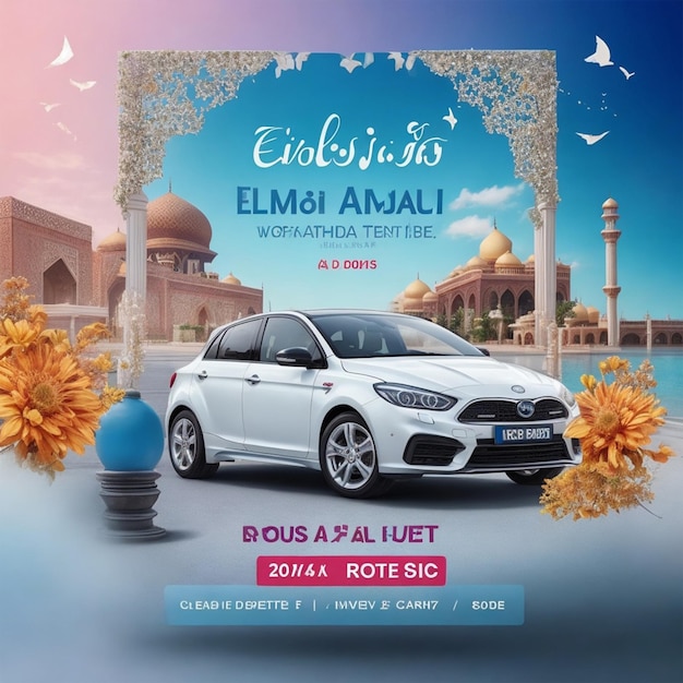 Eid especial de alquiler de automóviles una venta de automóviles oferta de descuento diseño de publicaciones en las redes sociales