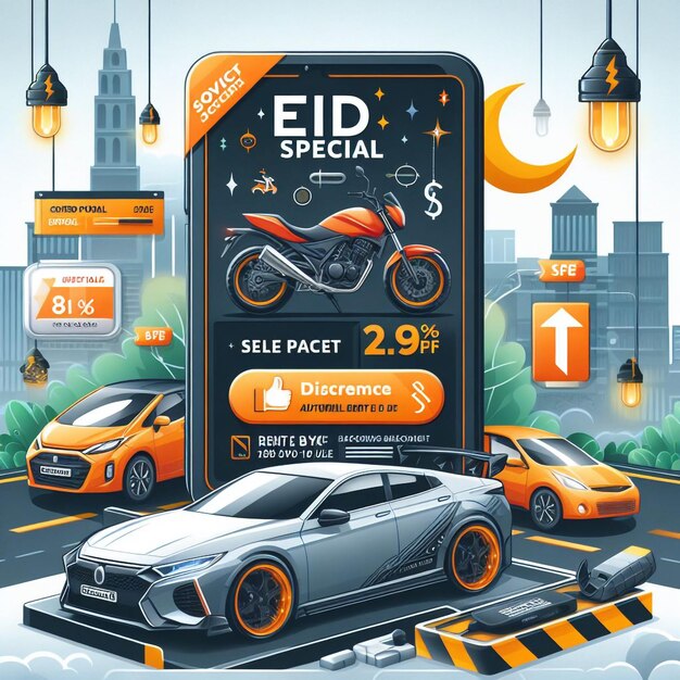 Eid Especial de automóviles Alquiler de una venta de bicicletas Oferta de descuento Medios sociales Modelo de diseño de publicaciones