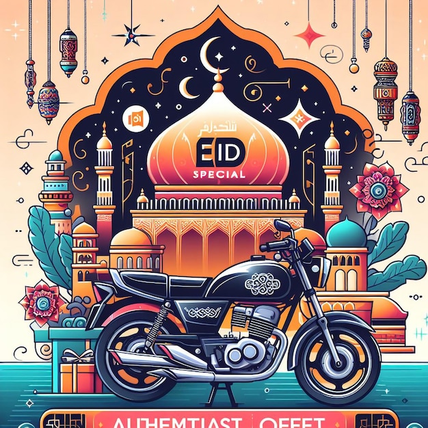 Eid Especial de automóviles Alquiler de una venta de bicicletas Oferta de descuento Medios sociales Modelo de diseño de publicaciones