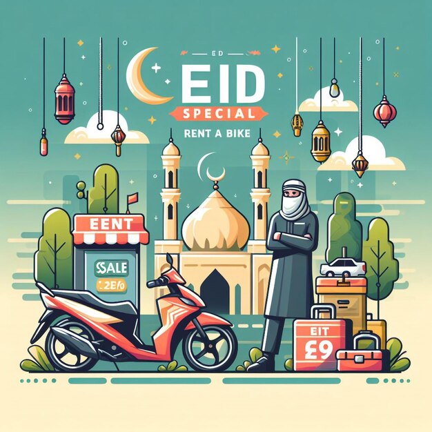 Eid Especial de automóviles Alquiler de una venta de bicicletas Oferta de descuento Medios sociales Modelo de diseño de publicaciones