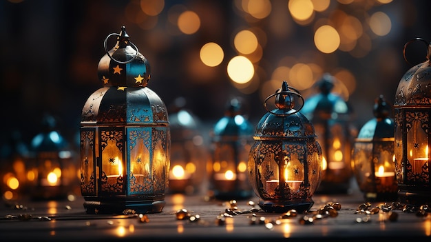 Eid-lampen oder laternen für ramadan und andere islamische muslimische feiertage mit kopierraum für die textgenerierung