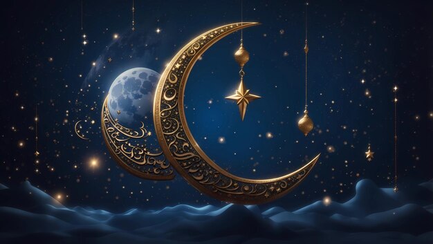 Foto eid milad un nabi goldene dekorative mond und sterne banner design bild wird mit der verwendung von generiert