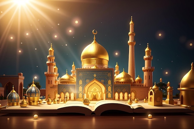 Eid Mubarak 3D-Spielzeugkonzeptbanner mit goldener Moschee und dem Koran