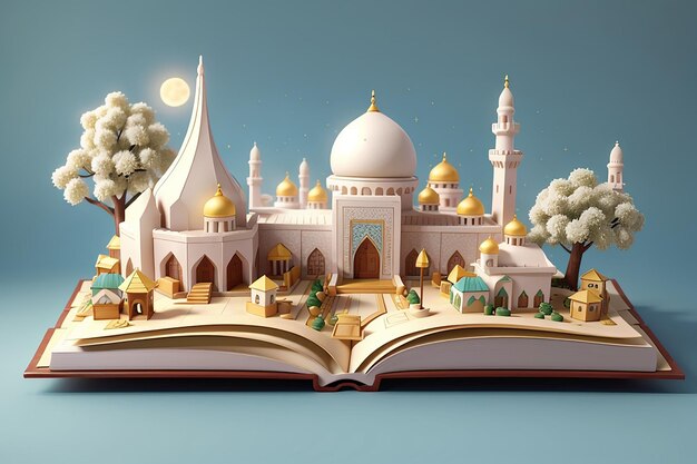 Eid Mubarak 3D Story Banner com Mini Mesquita em Livro Aberto