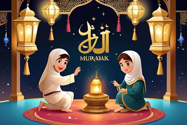 Eid Mubarak Banner Design com Calendário Hijri Lanterna de Ouro e Bedug