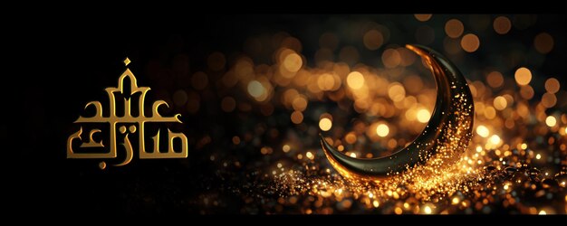 Foto eid mubarak banner mit elegantem halbmond auf bezauberndem goldstaub