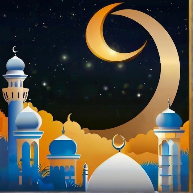 Eid Mubarak Bela combinação de lua natural e mesquita belo fundo