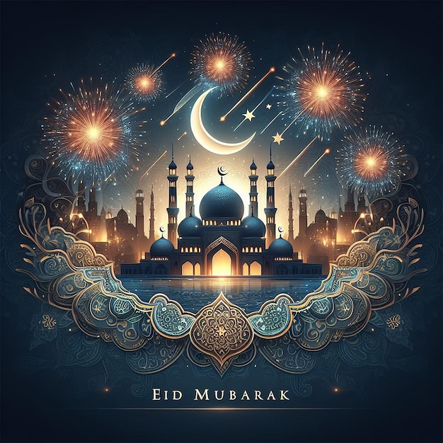Eid Mubarak belo fundo de fogos de artifício islâmico