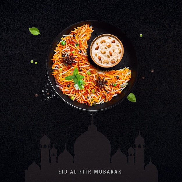 Eid Mubarak Bendición para Eid Un cartel creativo para Eid con luna y comida iftar juntos