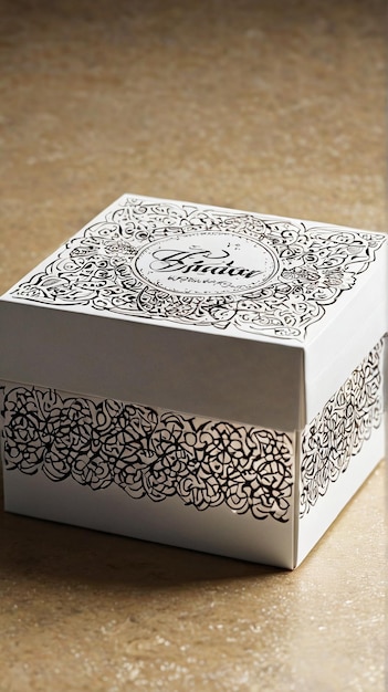 Foto eid mubarak una caja blanca con un diseño en blanco y negro