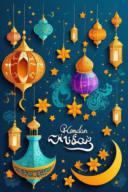 Foto eid mubarak cartão de saudação ilustração ramadan kareem vetor de desenho animado desejando para o festival islâmico