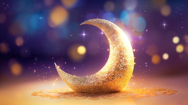 Eid Mubarak com uma lua crescente dourada brilhante ao fundo