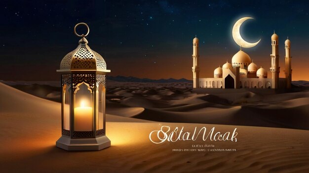 Eid Mubarak de Eid al fitr lanterna 3D e mesquita com lua 3D com noite belo fundo