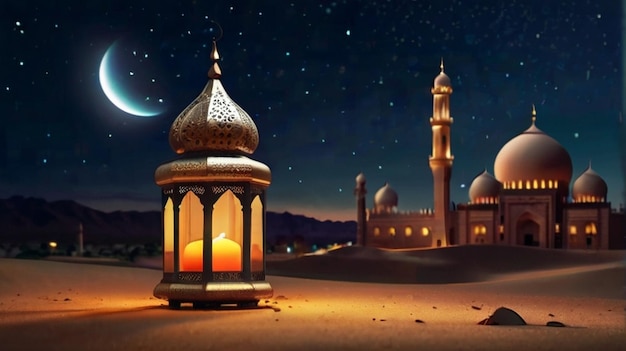 Eid Mubarak de Eid al fitr lanterna 3D e mesquita com lua 3D com noite belo fundo