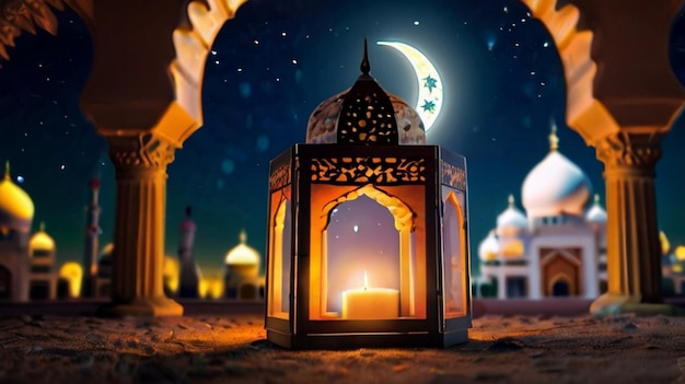 Eid Mubarak de Eid al fitr lanterna 3D e mesquita com lua 3D com noite belo fundo