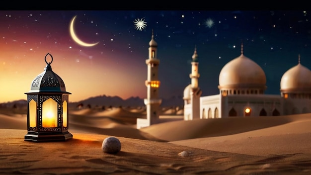 Eid Mubarak de Eid al fitr lanterna 3D e mesquita com lua 3D com noite belo fundo