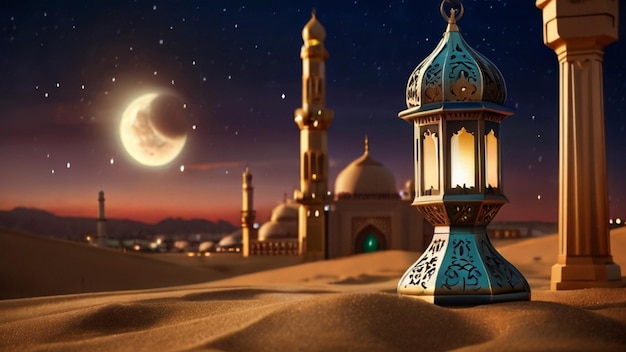 Eid Mubarak de Eid al fitr lanterna 3D e mesquita com lua 3D com noite belo fundo