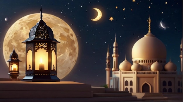 Eid Mubarak de Eid al fitr lanterna 3D e mesquita com lua 3D com noite belo fundo