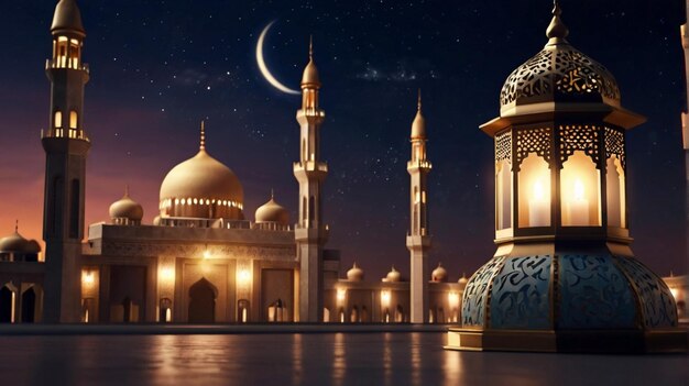 Eid Mubarak de Eid al fitr lanterna 3D e mesquita com lua 3D com noite belo fundo