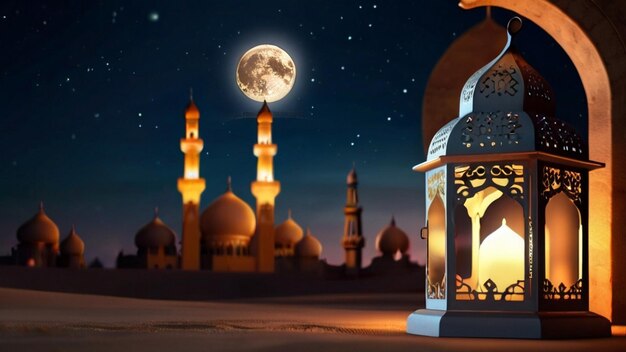 Eid Mubarak de Eid al fitr lanterna 3D e mesquita com lua 3D com noite belo fundo