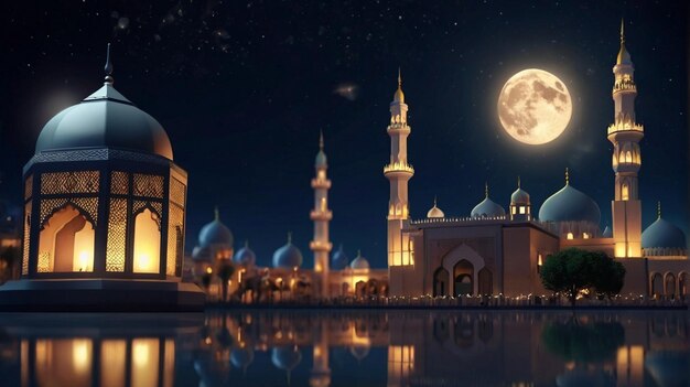 Eid Mubarak de Eid al fitr lanterna 3D e mesquita com lua 3D com noite belo fundo