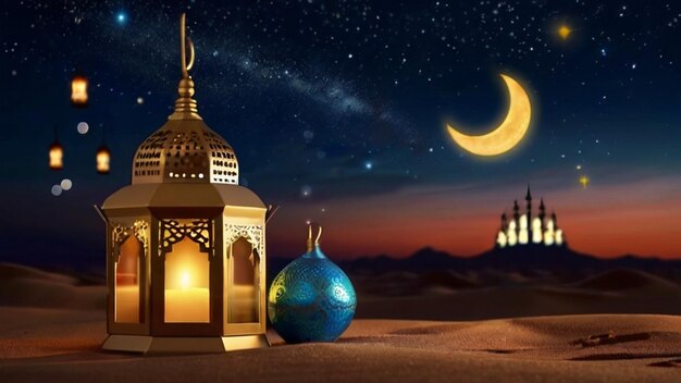 Eid Mubarak de Eid al fitr lanterna 3D e mesquita com lua 3D com noite belo fundo