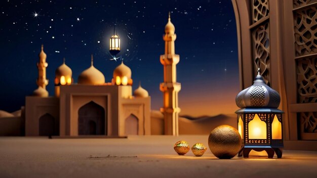 Eid Mubarak de Eid al fitr lanterna 3D e mesquita com lua 3D com noite belo fundo