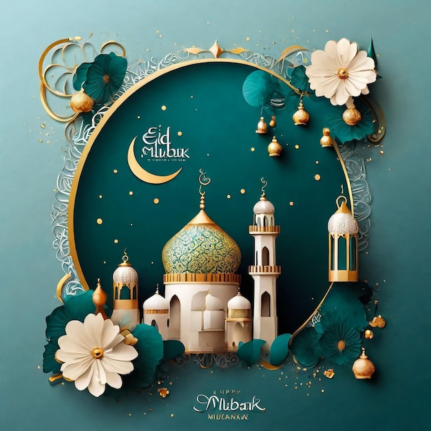 Eid Mubarak desenho islâmico lua crescente e caligrafia árabe