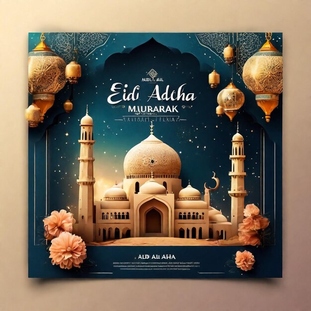 Eid Mubarak desenho islâmico lua crescente e caligrafia árabe