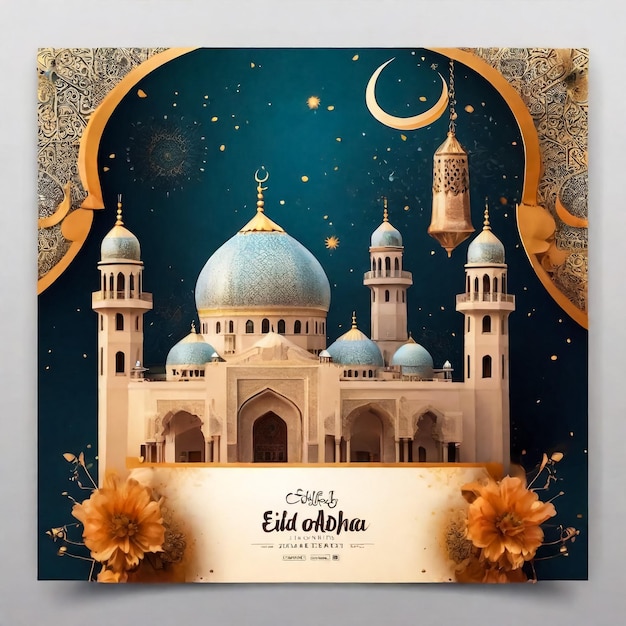 Eid Mubarak diseño islámico luna creciente y caligrafía árabe