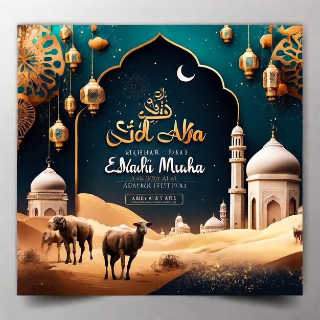 Eid Mubarak diseño islámico luna creciente y caligrafía árabe