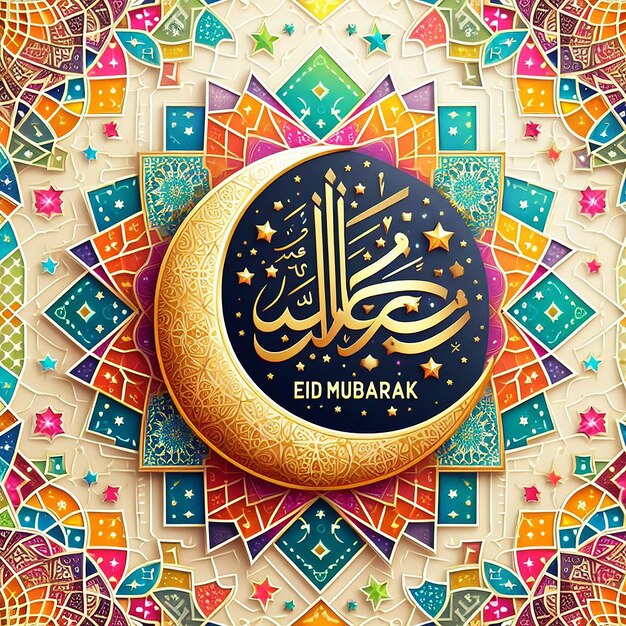 Eid Mubarak diseño islámico luna creciente y caligrafía árabe